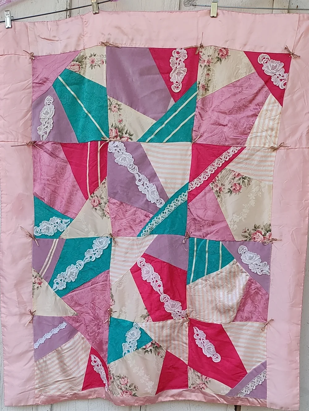Vintage Handsewn Patchwork Satin Lace Quilt, Grandmacore, Victorian, Cottagecore